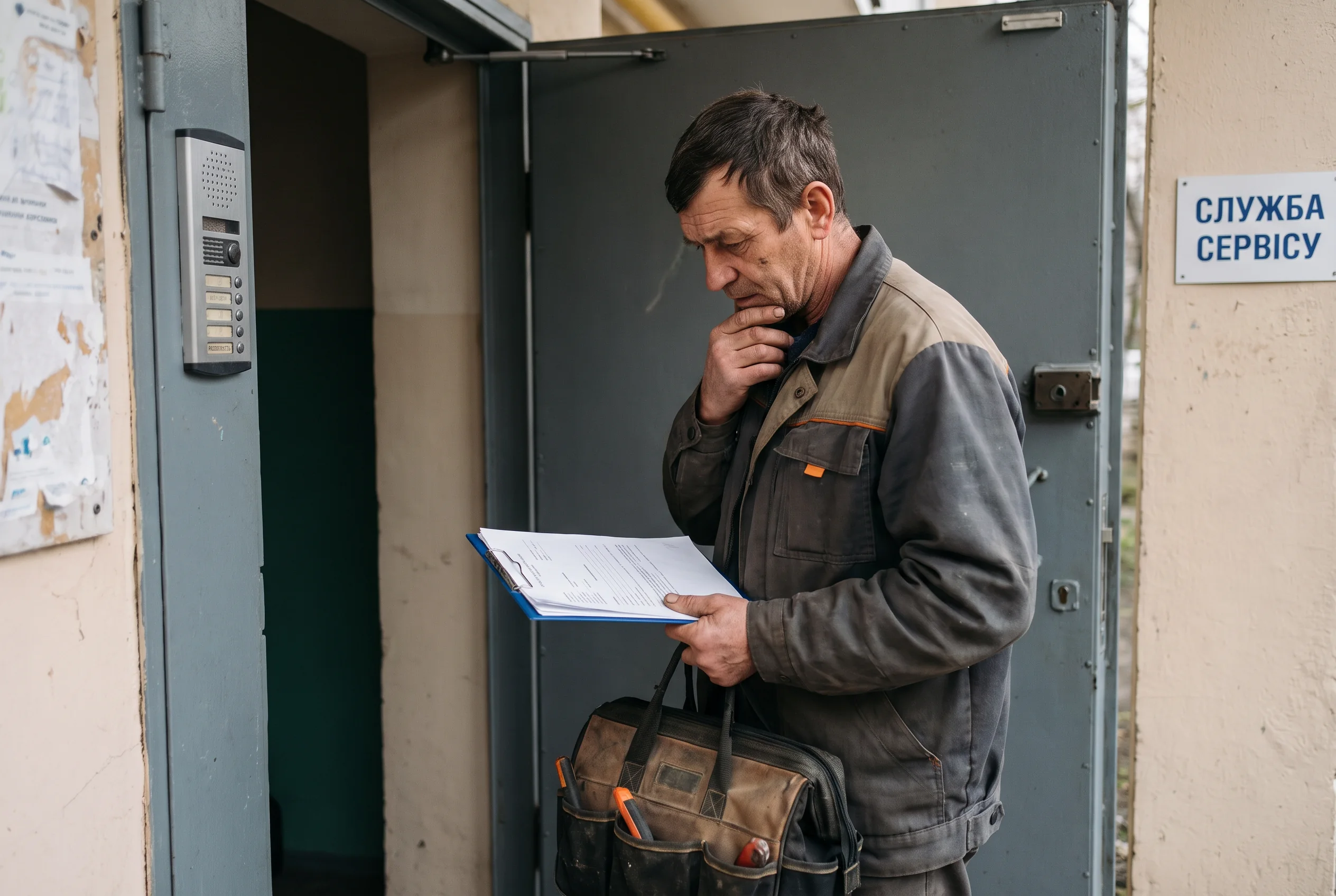 Майстер із записами біля входу до сервісного приміщення